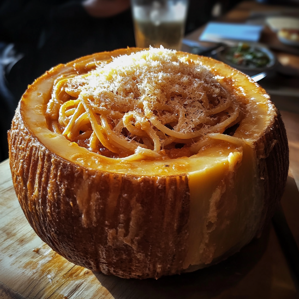 A creamy cheese wheel pasta dish being served directly from the cheese wheel.