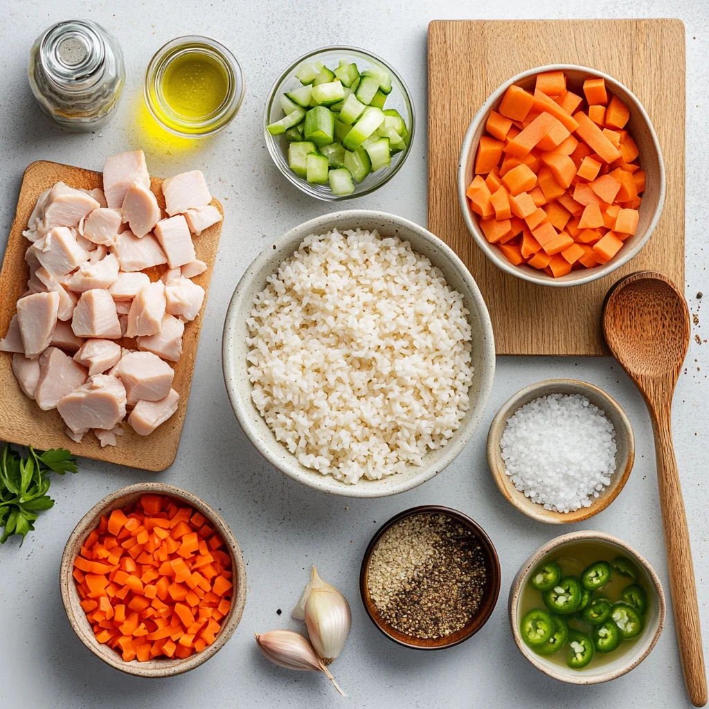 fresh ingredients for Chopt Spicy Chicken Soup with Rice