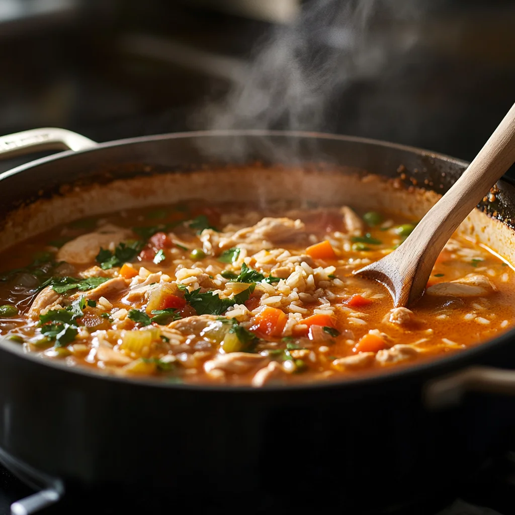 heavy-bottomed pot on a stovetop, with the Chopt Spicy Chicken Soup with Rice