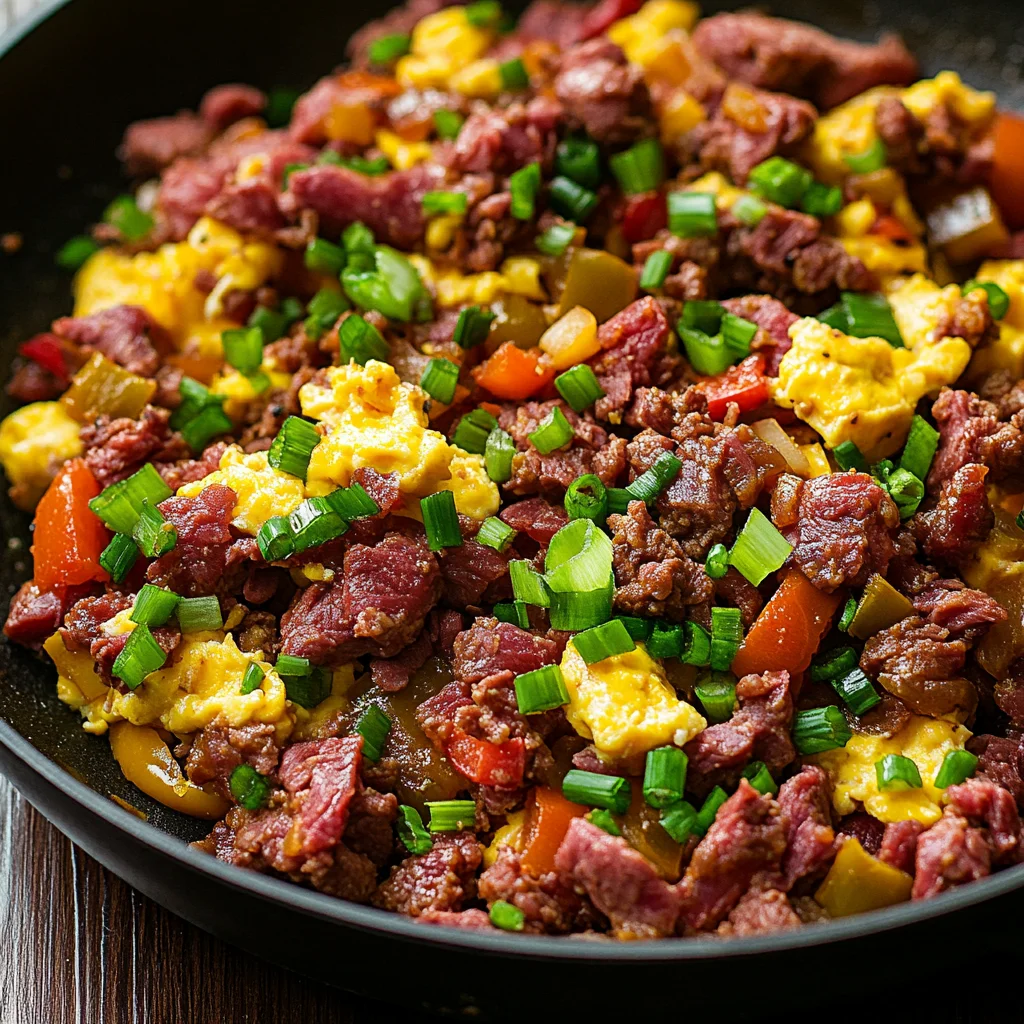 skillet filled with Canned Corned Beef Breakfast (No Potatoes)